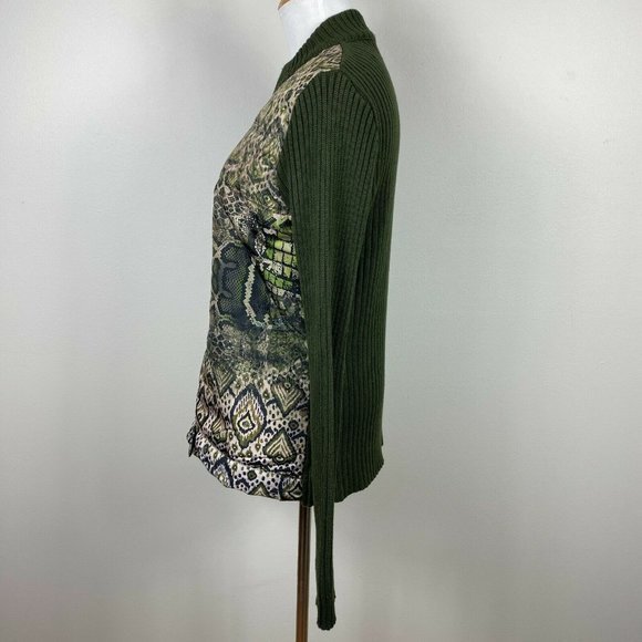 One World Sweater Jacket XL Full Zip Ribbed Knit Printed Green Long Sleeve - Picture 6 of 12